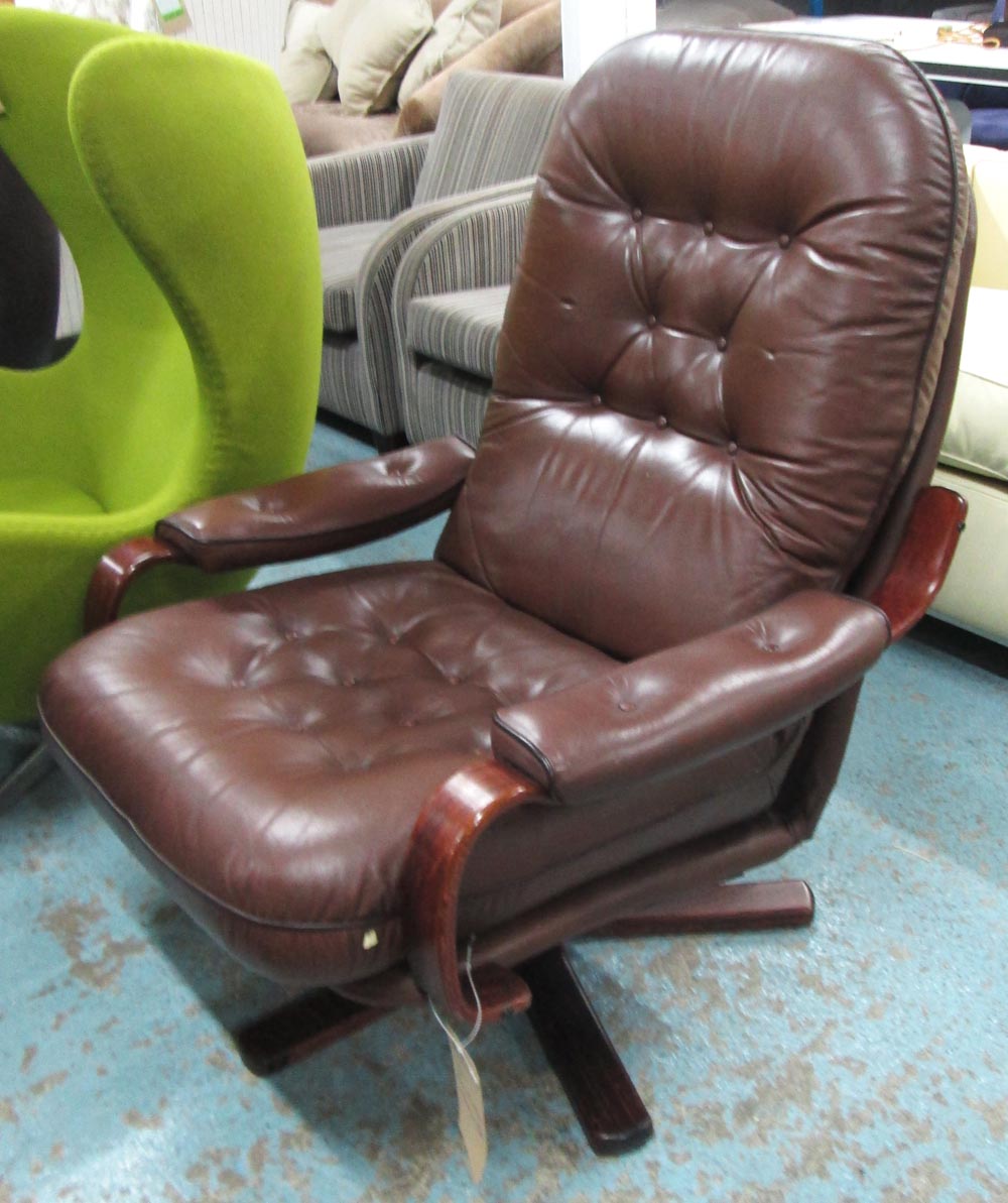 EASY ARMCHAIR, Norwegian style tan leather upholstered and revolving.