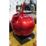 RED APPLE, contemporary art design red lacquered finish, on black base, 44cm H x 26cm.