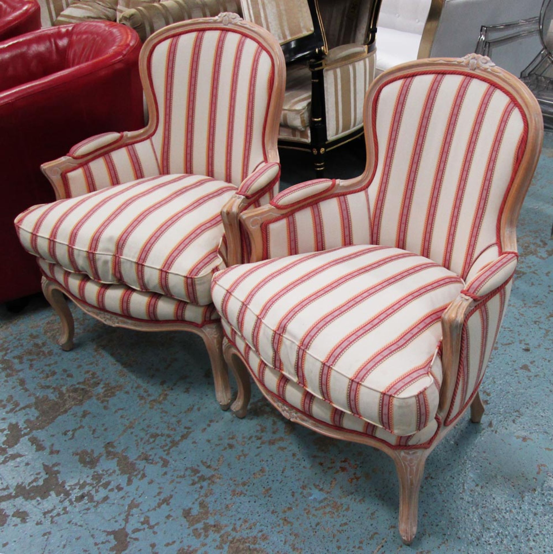 ARMCHAIRS, a pair, French style in striped fabric, 68cm. (2)