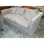SOFA, in blue woven fabric, 190cm W x 105cm D x 76cm H. (with faults, faded)