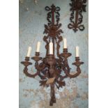 WALL SCONCES, a pair, five branches, in bronze, 116cm L. (2)