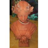 FEMALE BUST FIGURE, 19th century French terracotta style, aged finish, 48cm H x 30cm.