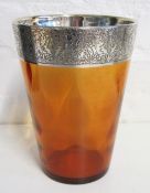 AMBER GLASS VASE, with silvered rim incised with scrolling pattern, 20cm H.