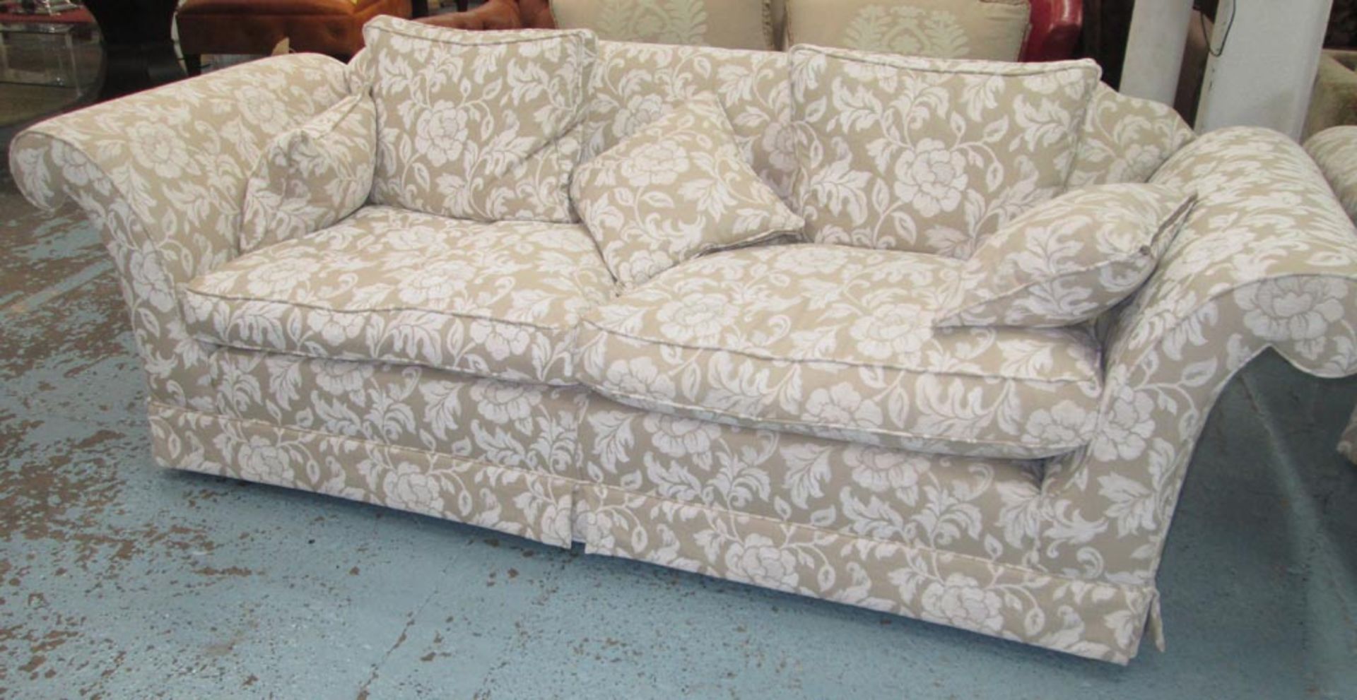 SOFA, Chesterfield style in floral pattern upholstery with scroll arms, 239cm W.