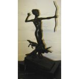 BRONZE SCULPTURE, Diana with stag, marble base, 27cm H.