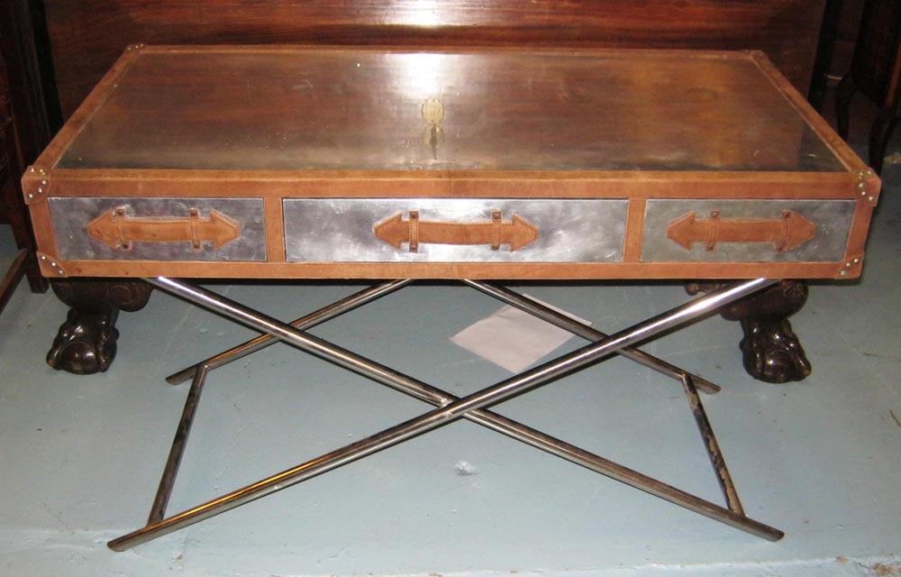 DESK, early 21st century chrome with three drawers and leather edging on cross frame base, 75cm H
