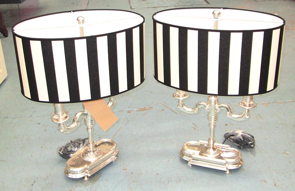 TABLE LAMPS, a pair, plated, with shades, 52cm H.