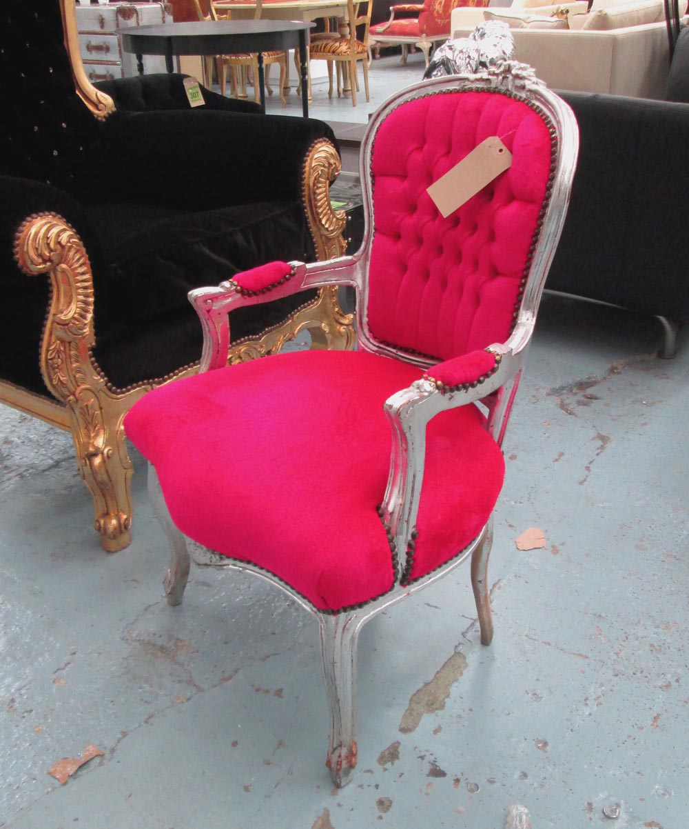 FAUTEUIL, with pink upholstery and a silvered frame, 55cm W x 95cm H x 50cm D. (with faults, some