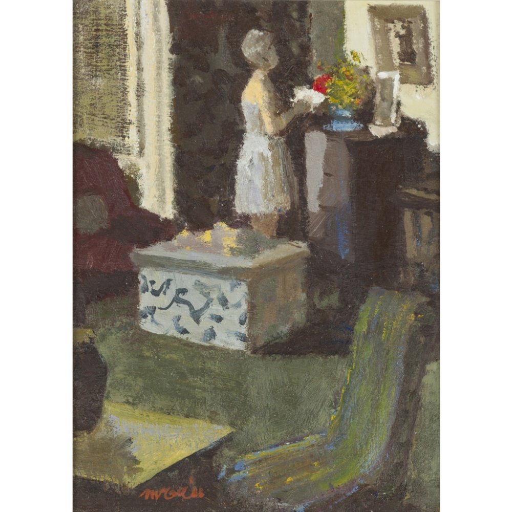 § CHARLES MCCALL (SCOTTISH 1907-1989)ARRANGING THE FLOWERSSigned and dated `66, oil on canvas24.5cm