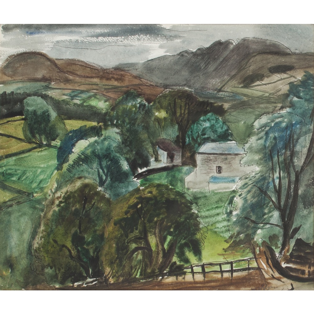 § WILLIAM WILSON R.S.A., R.S.W. (SCOTTISH 1905-1972)FARMHOUSE IN THE GLENSigned, pen, ink and