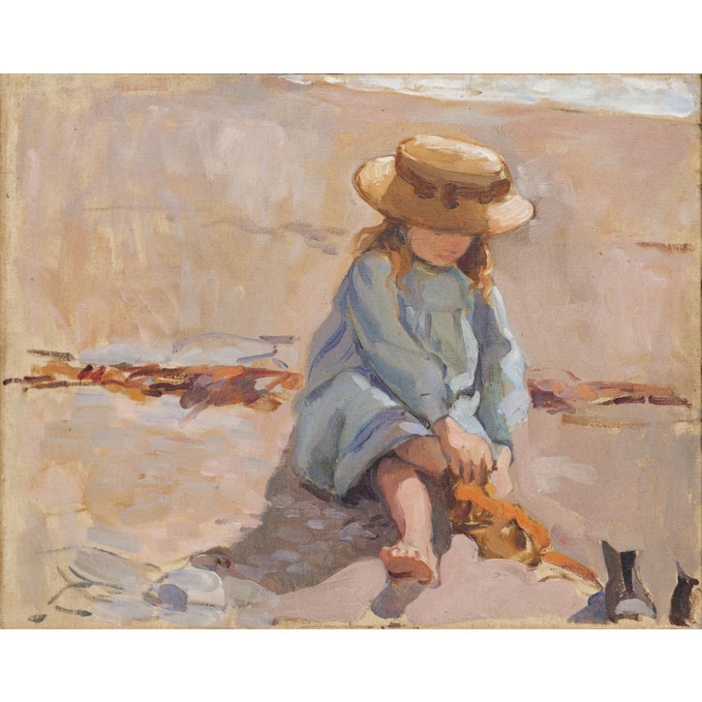 § FLORENCE ST JOHN CADELL (SCOTTISH 1877-1966)BOOTS OFF ON THE BEACHOil on canvas40cm x 51cm (15.