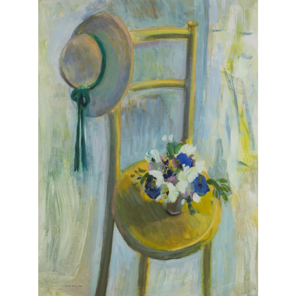 § IRENE LESLIE MAIN (SCOTTISH B.1959)STILL LIFE WITH YELLOW CHAIRSigned and dated `86, mixed