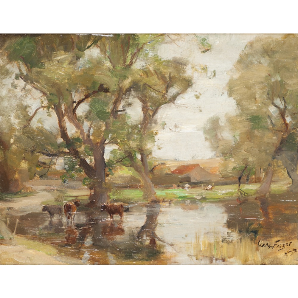 § WILLIAM MILLER FRAZER R.S.A., P.S.S.A. (1864-1961)CATTLE WATERINGSigned, oil on canvas27.5cm x