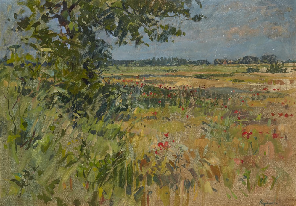 § SUSAN RYDER R.P., N.E.A.C. (BRITISH B.1945)BARLEY FIELDS AT WALSHAM-LE-WILLOWSSigned, oil on