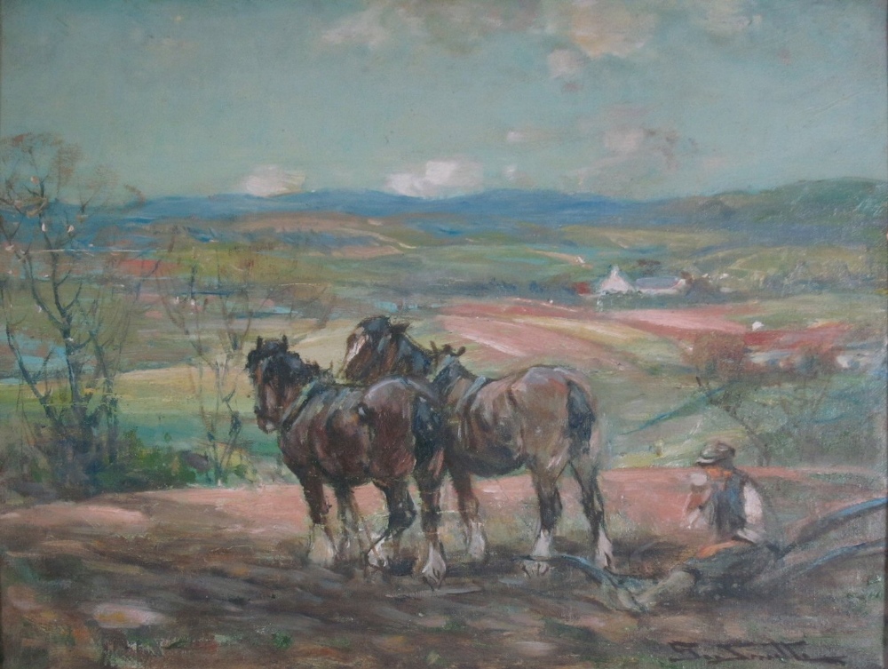 GEORGE SMITH R.S.A. (SCOTTISH 1870-1934)HORSES PLOUGHINGSigned, oil on canvasboard28cm x 39cm (11in