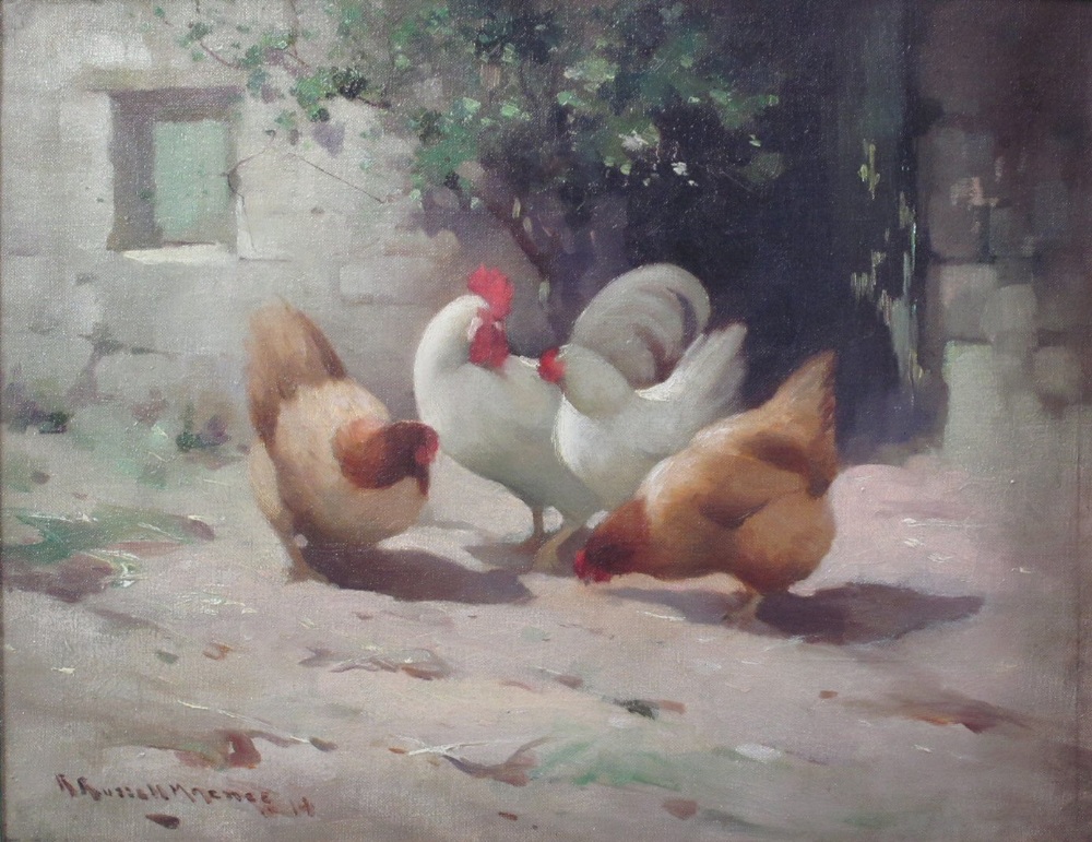 § ROBERT RUSSELL MCNEE (SCOTTISH 1880-1952)CHICKENS IN A FARMYARDSigned and dated `14, oil on