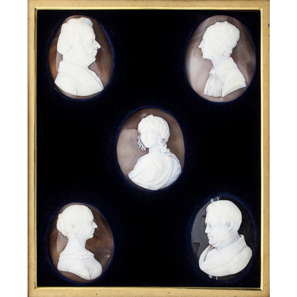 A cased set of five 19th century shell cameosunmounted, depicting three ladies and two gentlemen,