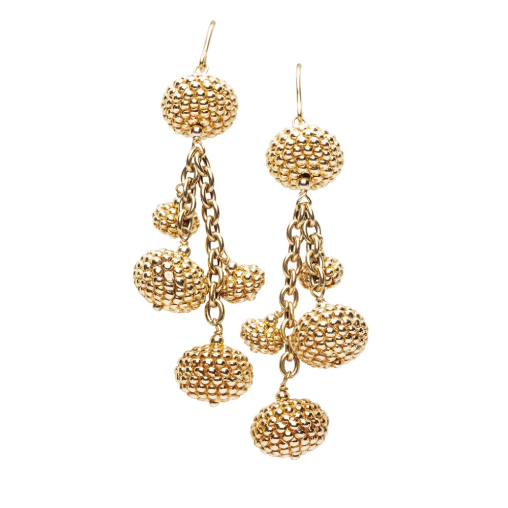 A pair of gold pendant earringseach composed of five graduated suspended balls with beaded finish,