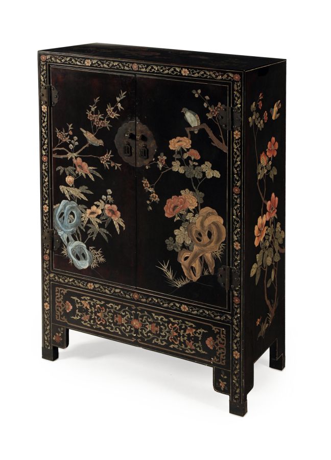 CHINESE LACQUER CABINETthe twin doors and sides decorated with birds and flowers, raised on block