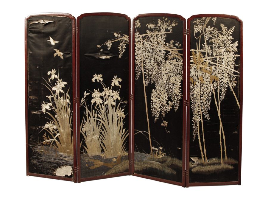 CHINESE SILK EMBROIDERED FOUR PANEL SCREENeach tall rectangular panel depicting birds, bamboo and