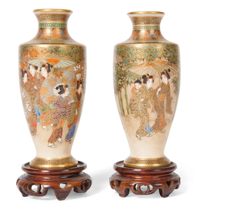 PAIR OF JAPANESE SATSUMA MINIATURE VASESMEIJI PERIODof baluster form decorated with a continuous