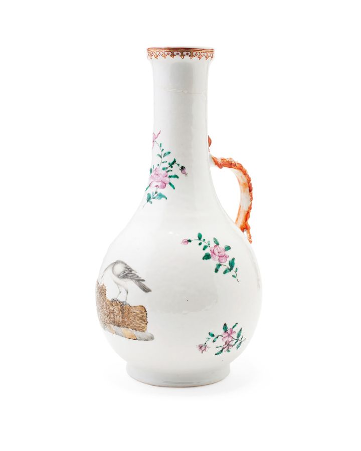 CHINESE EXPORT ARMORIAL FAMILLE ROSE BOTTLE VASE18TH CENTURYpainted with floral sprays and a bird