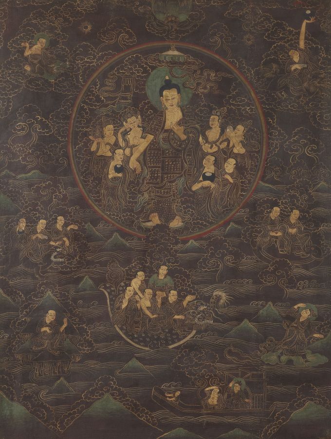 SINO-TIBETAN DISTEMPER ON CLOTHpainted with a diety, figures and mythical beast, framed and