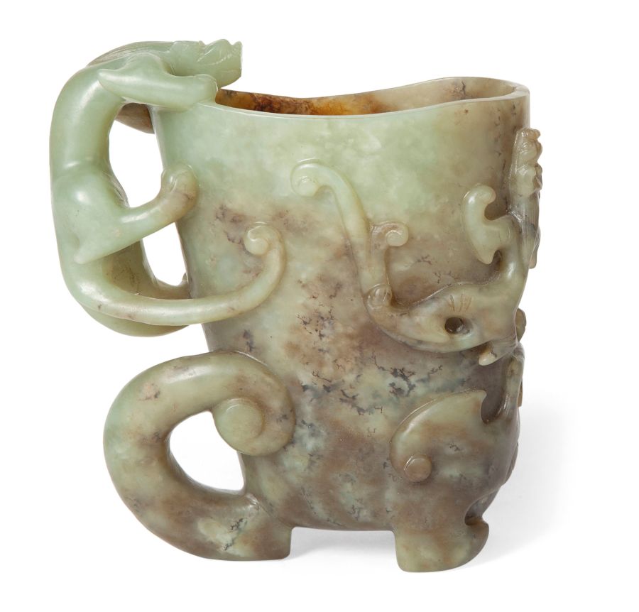 ARCHAIC STYLE JADE RHYTONgreen jade with light brown and russet inclusions, carved with three