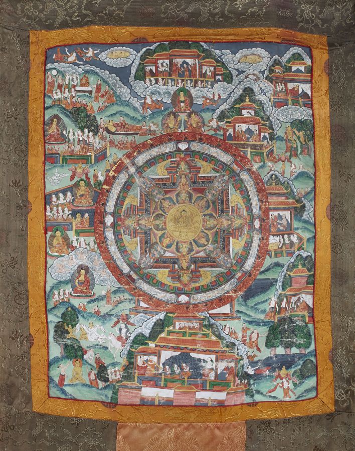 TIBETAN THANKA19TH CENTURYhanging scroll, painted with a central mandala surrounded by deities and