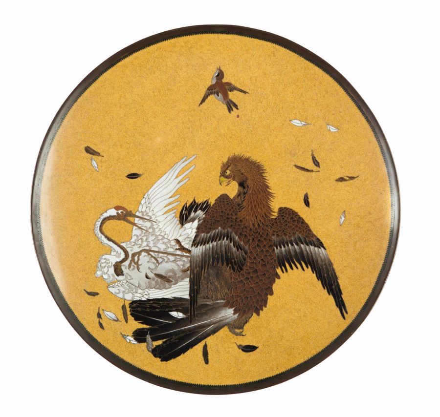 LARGE JAPANESE CLOISONNE DISHMEIJI PERIODof shallow circular form, depicting an eagle and crane on