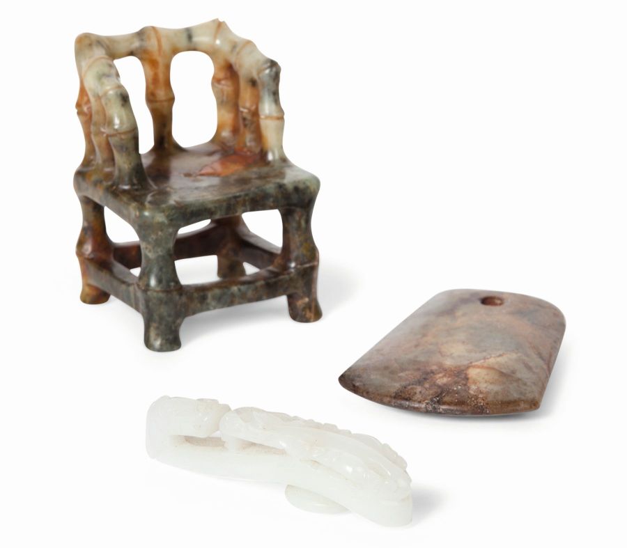 CHINESE CARVED HARDSTONE MINIATURE CHAIR11cm high; together with a HARDSTONE ARCHAIC FORM AXE HEAD;
