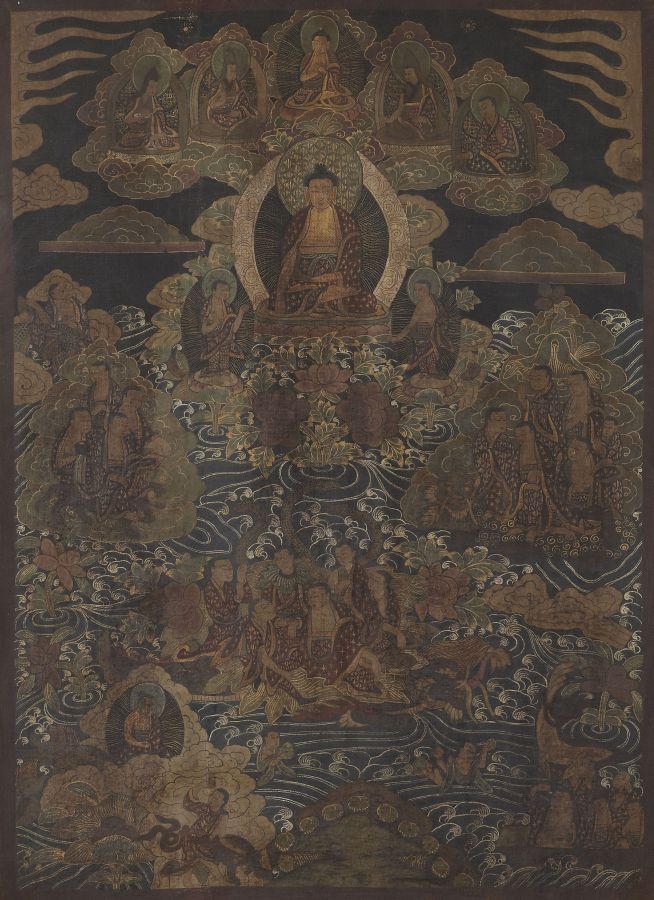 SINO-TIBETAN BUDDAH DISTEMPER ON CLOTHcentrally painted with Buddha and five deities, above figures