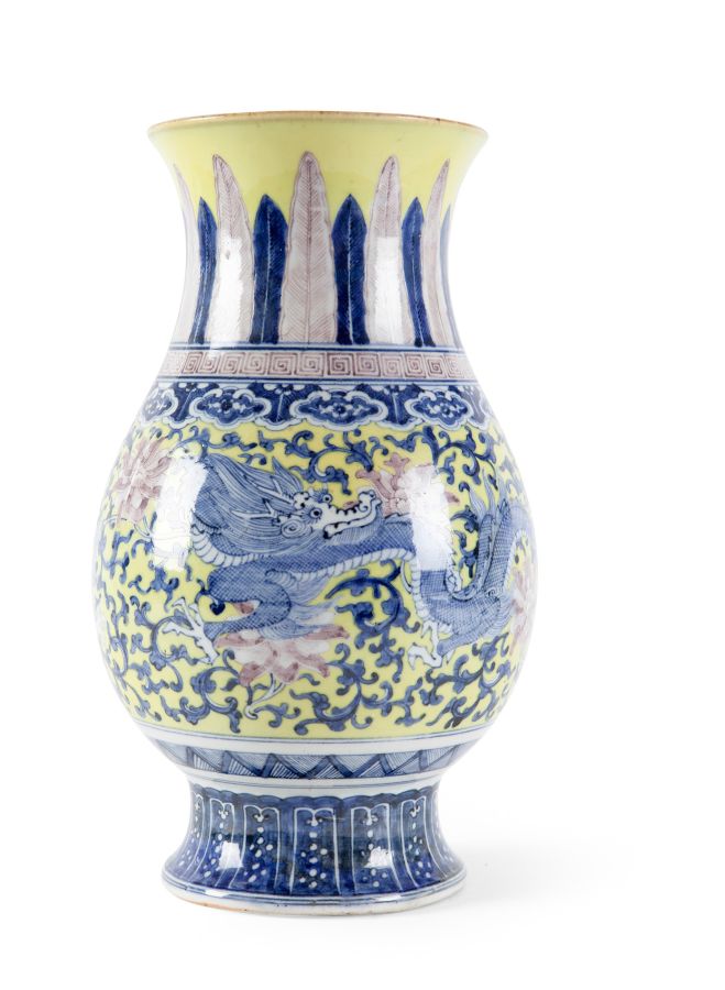 CHINESE FAMILLE JAUNE VASE19TH CENTURYof baluster form decorated with plantain leaves and two