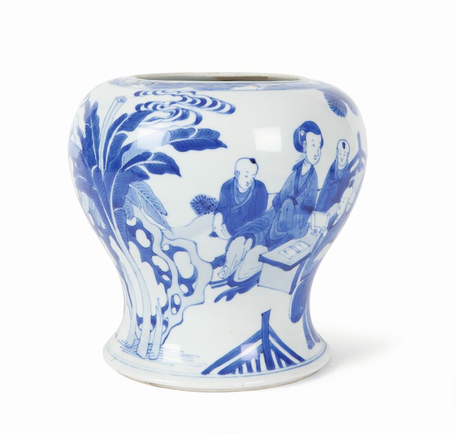 CHINESE BLUE AND WHITE JARof short baluster form, decorated with ladies in a garden with boys and