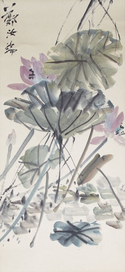 CHINESE SCROLL PAINTING20TH CENTURYhanging scroll depicting lotus blossoms, ink and colour on