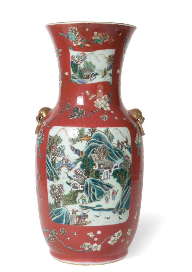 CHINESE FAMILLE ROSE AND IRON-RED GROUND VASELATE QING DYNASTYof baluster form, decorated with