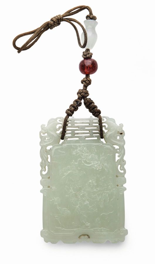 CELADON JADE PLAQUEpierced and carved with rectangular panels surmounted by double happiness