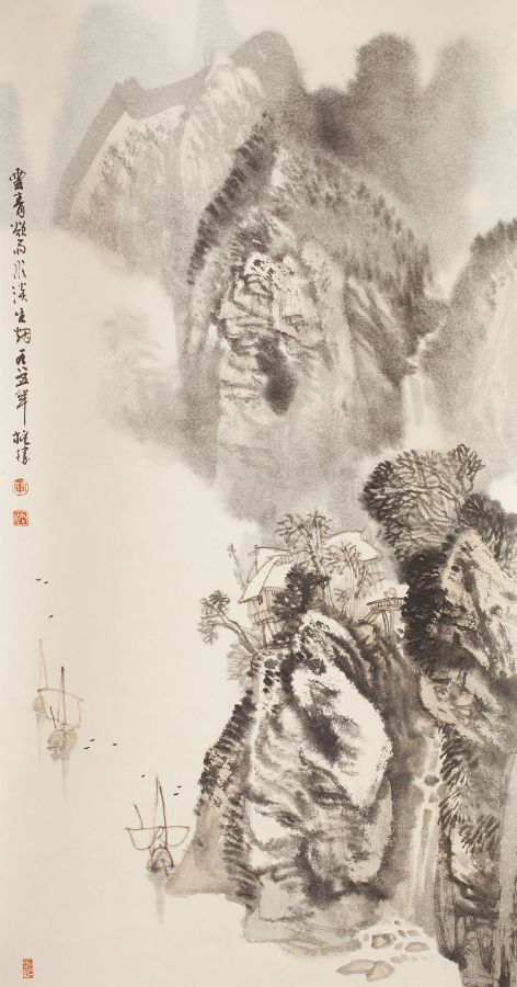 CHINESE SCROLL PAINTINGSIGNED HUANG, DATED 1985depicting a riverside landscape with mountains and