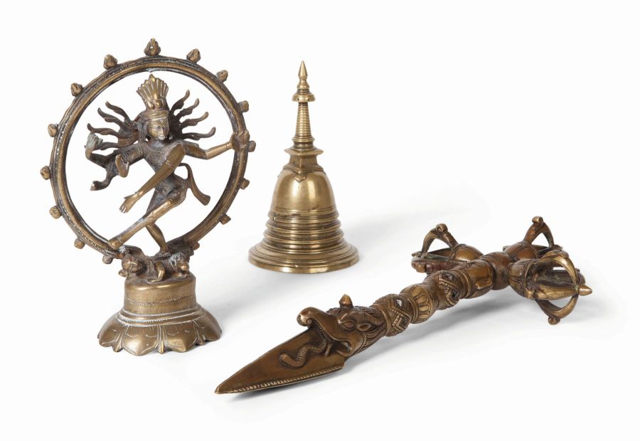 THREE TIBETAN BRASS WAREScomprising a ceremonial dagger, with a pierced T-bar handle above the
