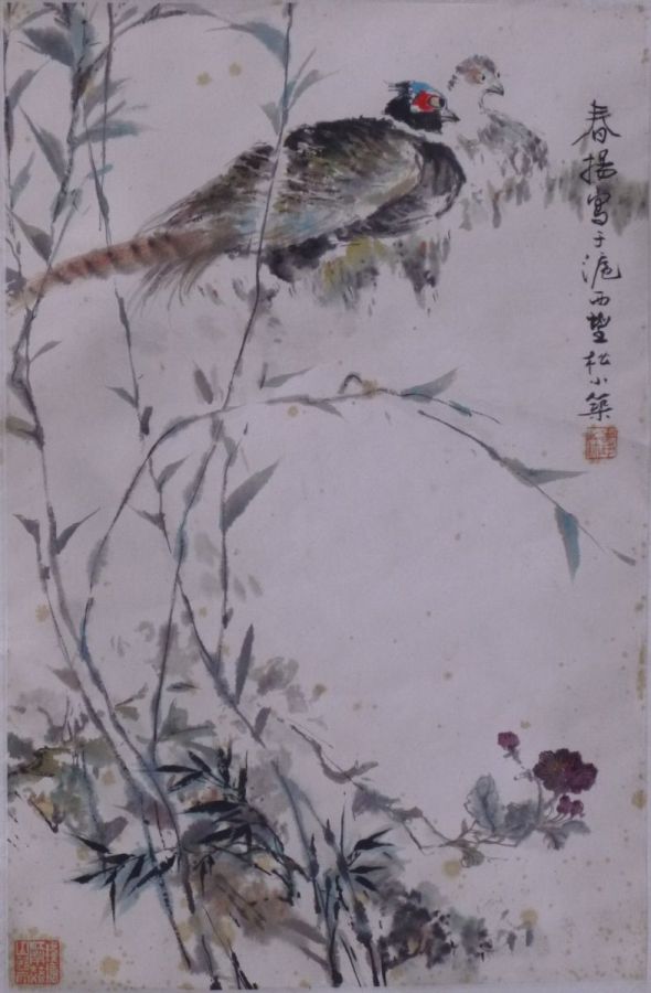 FENG CHUNYANG20TH CENTURYhanging scroll, ink and color wash on paper, depicting a pair of pheasants