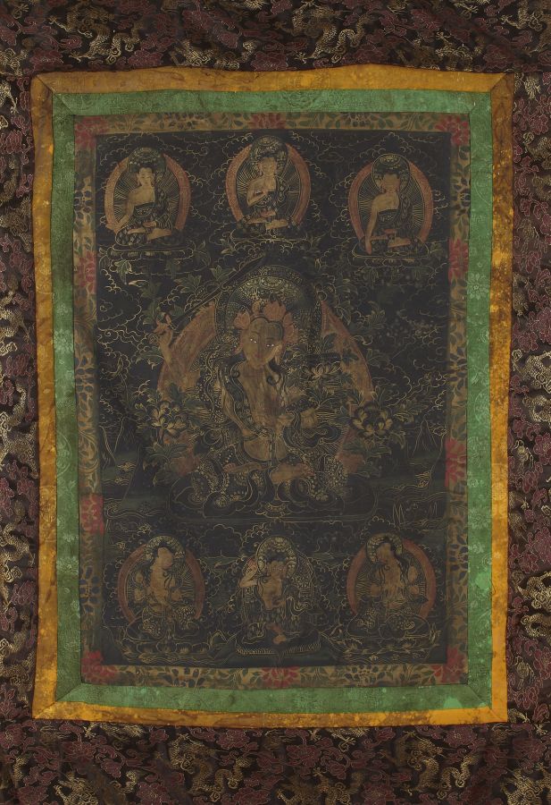 TIBETAN THANKA ON CLOTHhanging scroll painted with Tara surrounded by bodhisattvas99cm high, 65cm