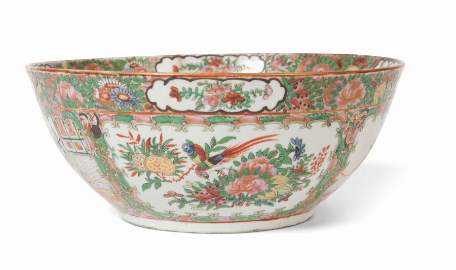 CHINESE CANTON FAMILLE ROSE PUNCH BOWLof typical form, decorated to the exterior and interior with