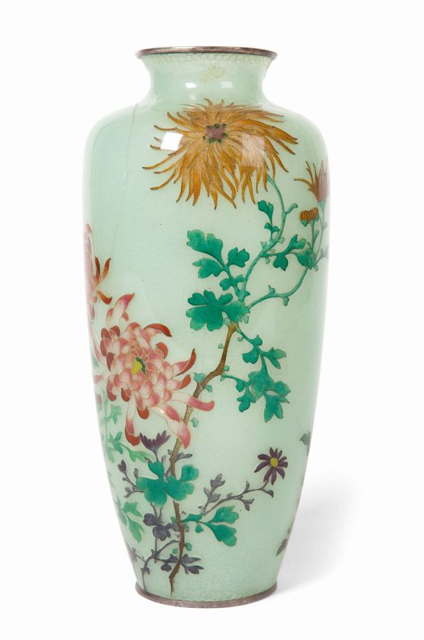 JAPANESE PLIQUE A JOUR VASEEARLY 20TH CENTURYenamelled with chrysanthemum against a pale green