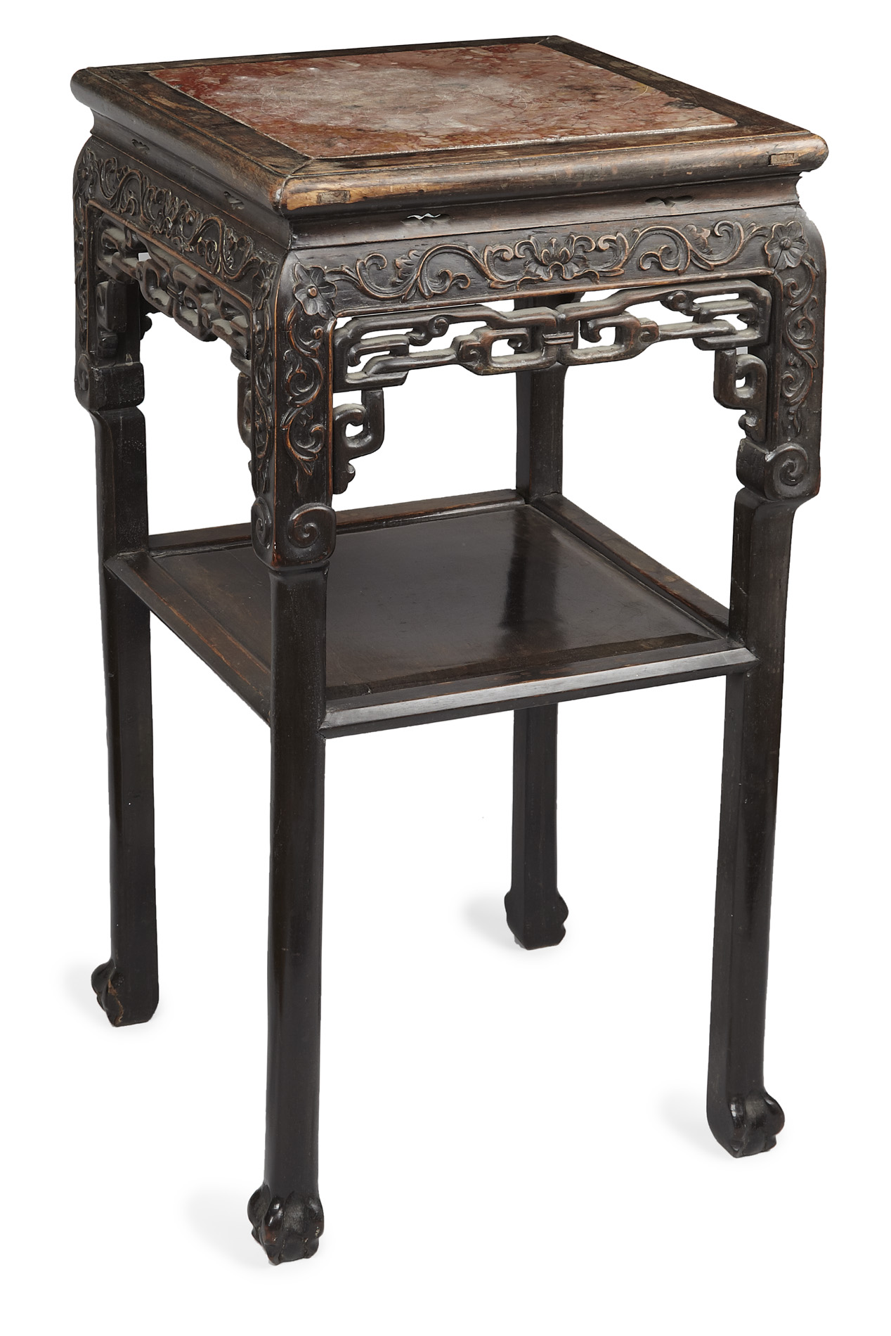 CHINESE CARVED HONGMU STANDQING DYNASTYwith a square marble inset top above a foliate carved