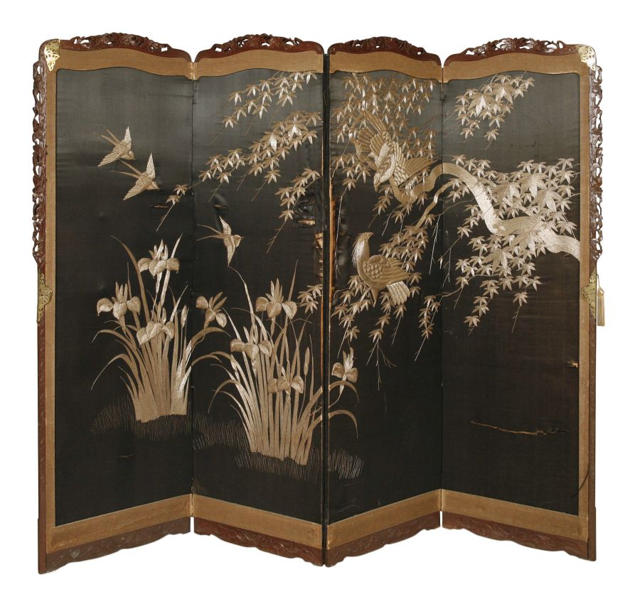 JAPANESE FOUR PANEL SCREENdepicting swallows, lillies and an acer222cm wide, 171cm high