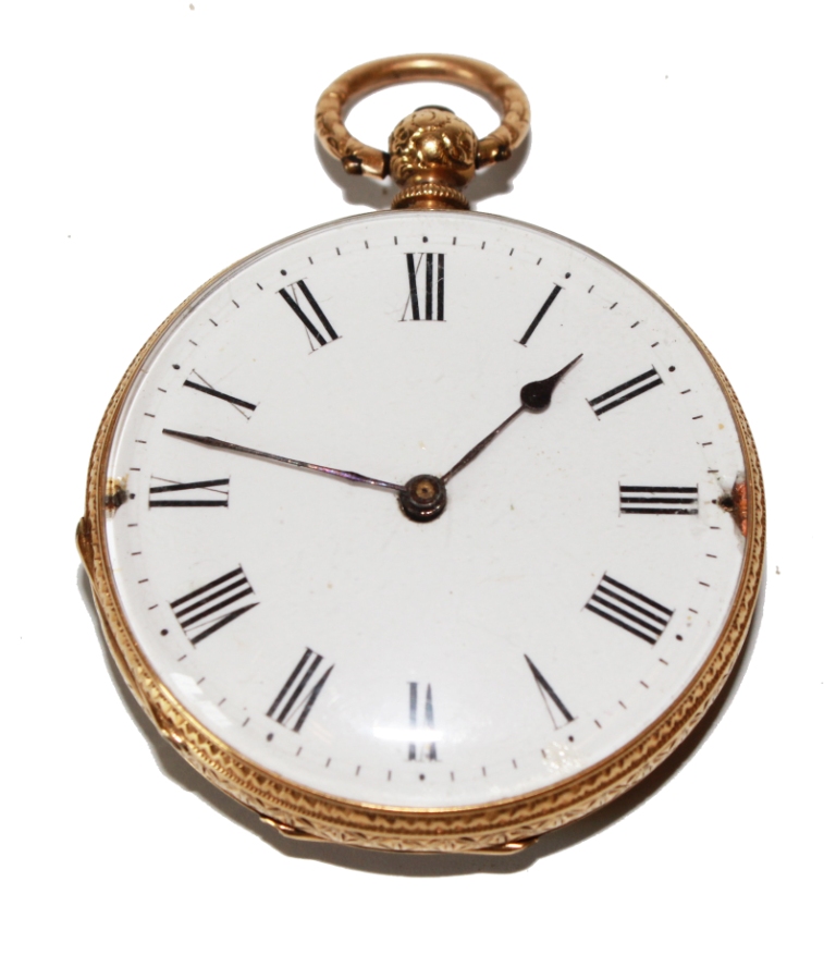 A lady`s 18 carat gold fob watch, some dial damage