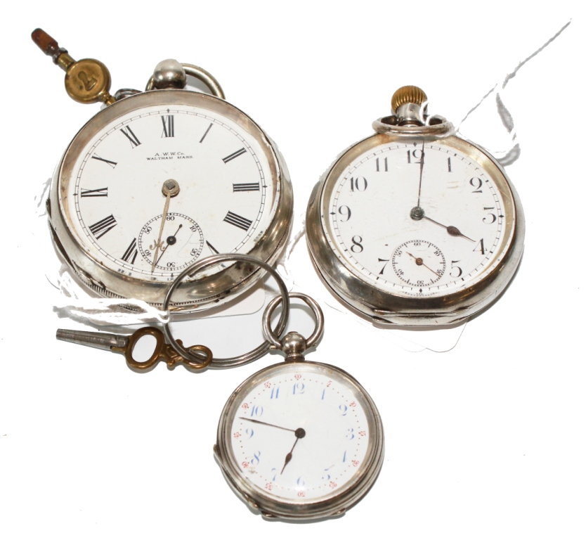 A lady`s silver key wind fob watch, together with two gentleman`s silver pocket watches