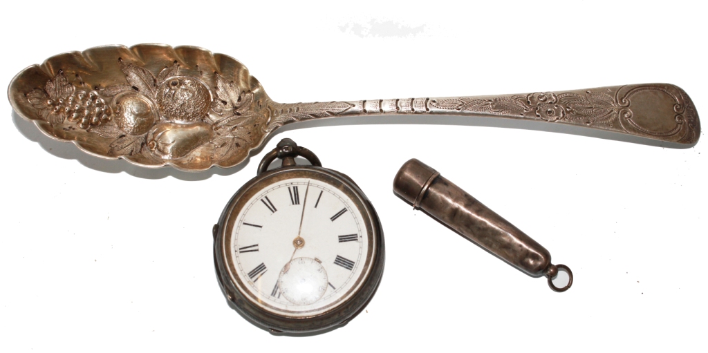 A gent`s silver pocket watch, as viewed, a silver charoot case and a silver spoon