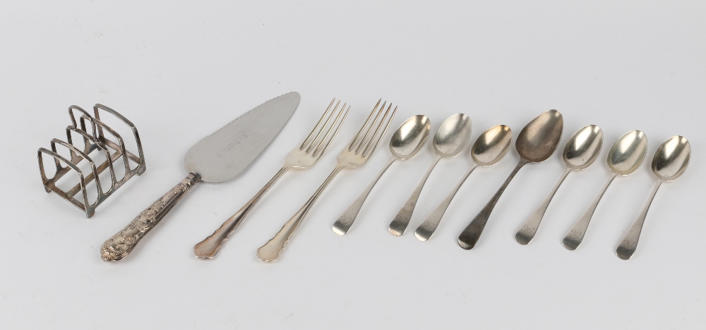 A SILVER FOUR DIVISION TOAST RACK a pair of silver forks, a set of six silver teaspoons, a Georgian