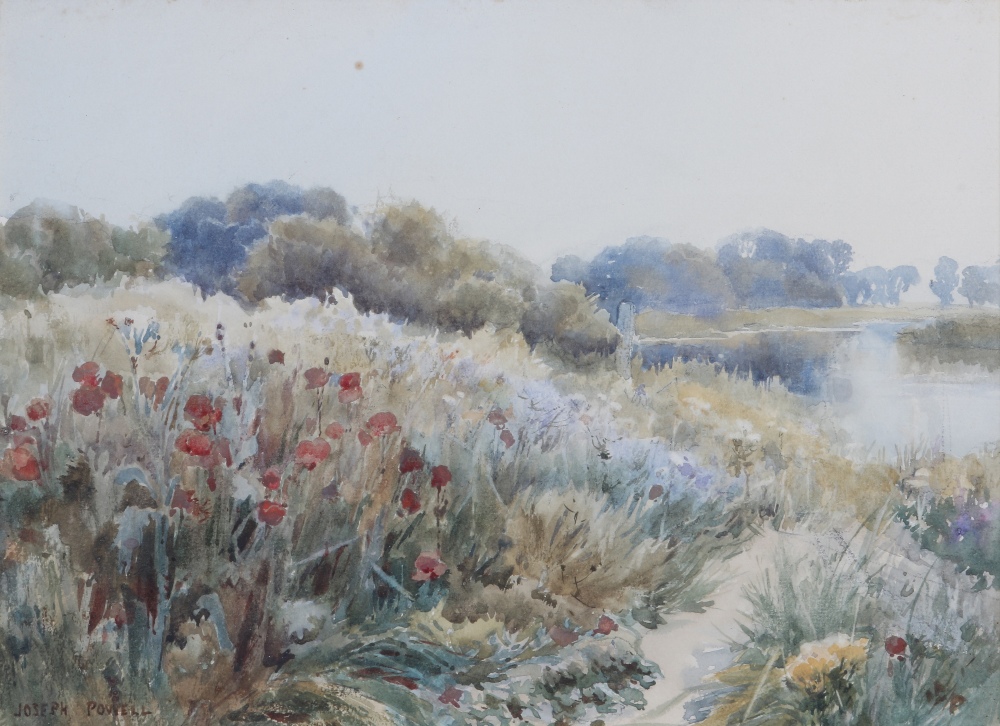 A WATERCOLOUR by Joseph Powell, of poppies by a pond, 25cm x 35cm together with a Chinese silk work